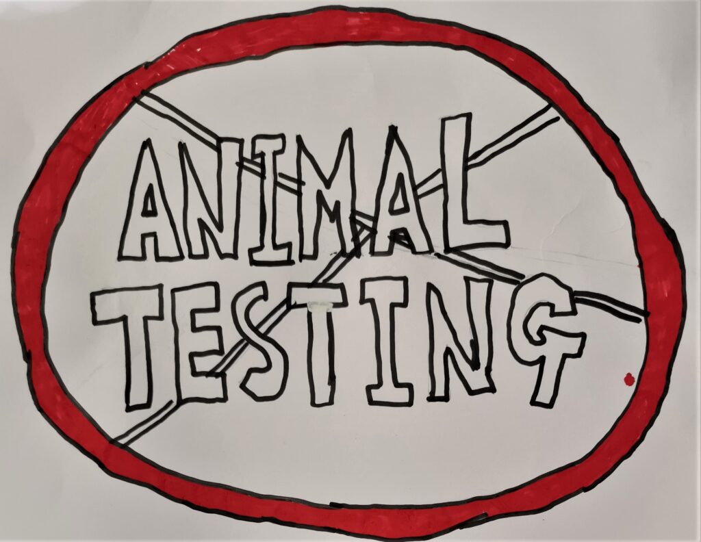 Animal testing A poster created in black and red felt pen. Image: a circular sign with a red border and a diagonal black and white cross. In the centre are the words ANIMAL TESTING in capital letters.